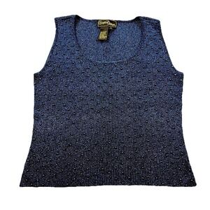 Vintage Christine Phillipe Metallic Ribbed Beaded‎ Tank Top Women's M Blue